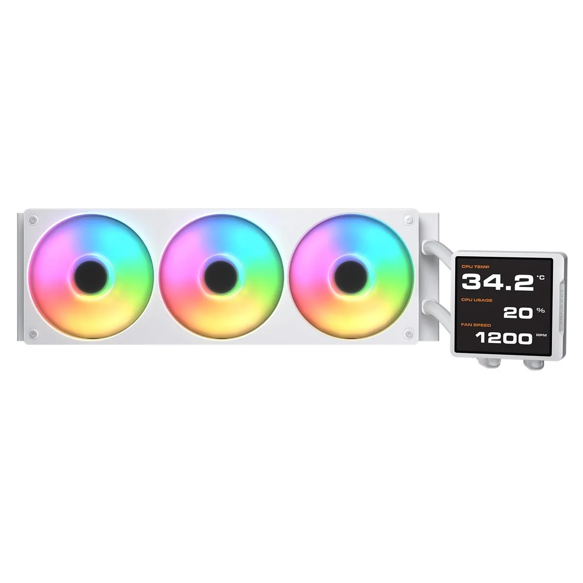 White 360 mm AIO with 3.95 inch LCD block, three 125 mm fans and 390 mm tubes
