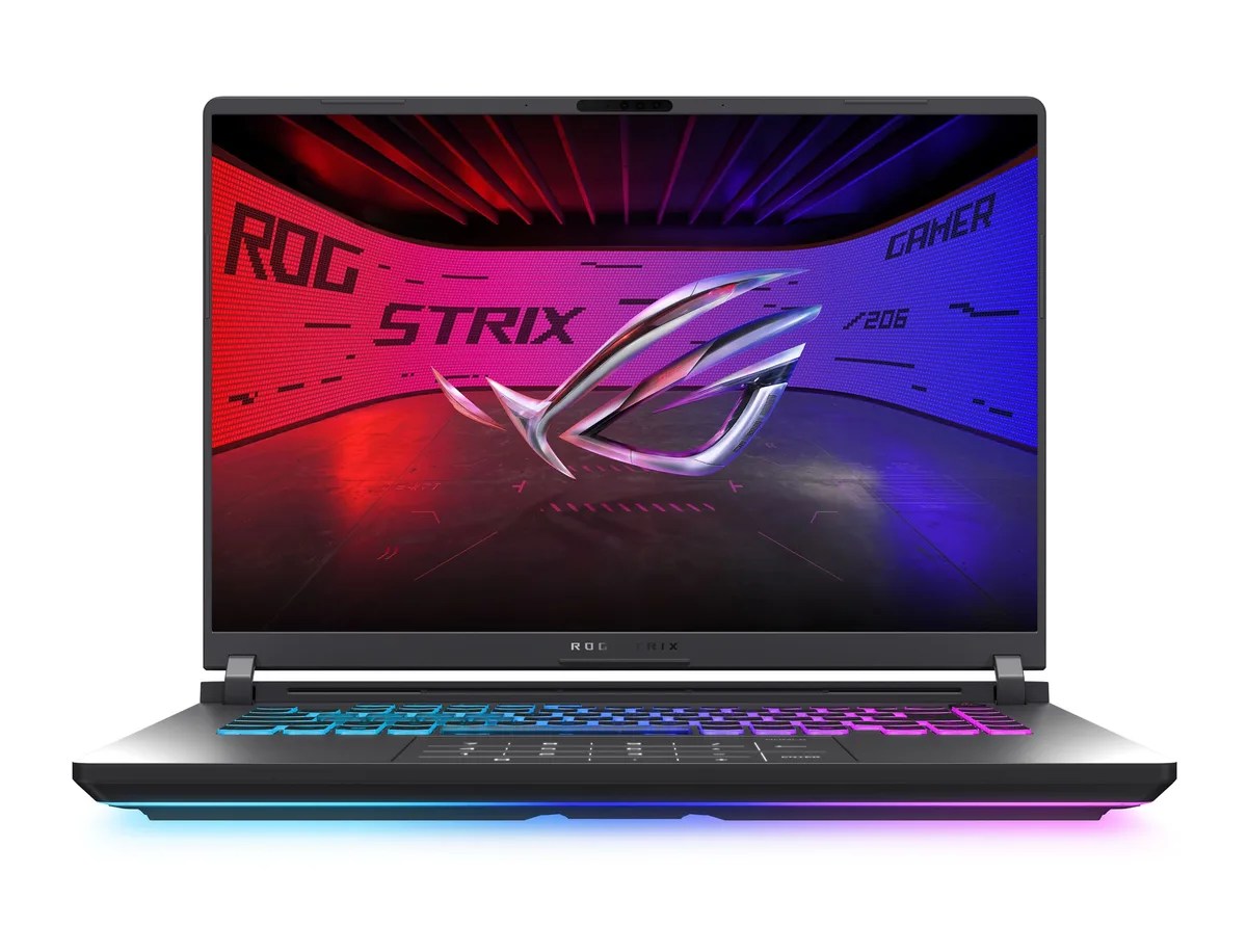 Black ASUS ROG Strix G16 laptop, 16 inch matte screen, angular chassis, RGB light bar on front edge