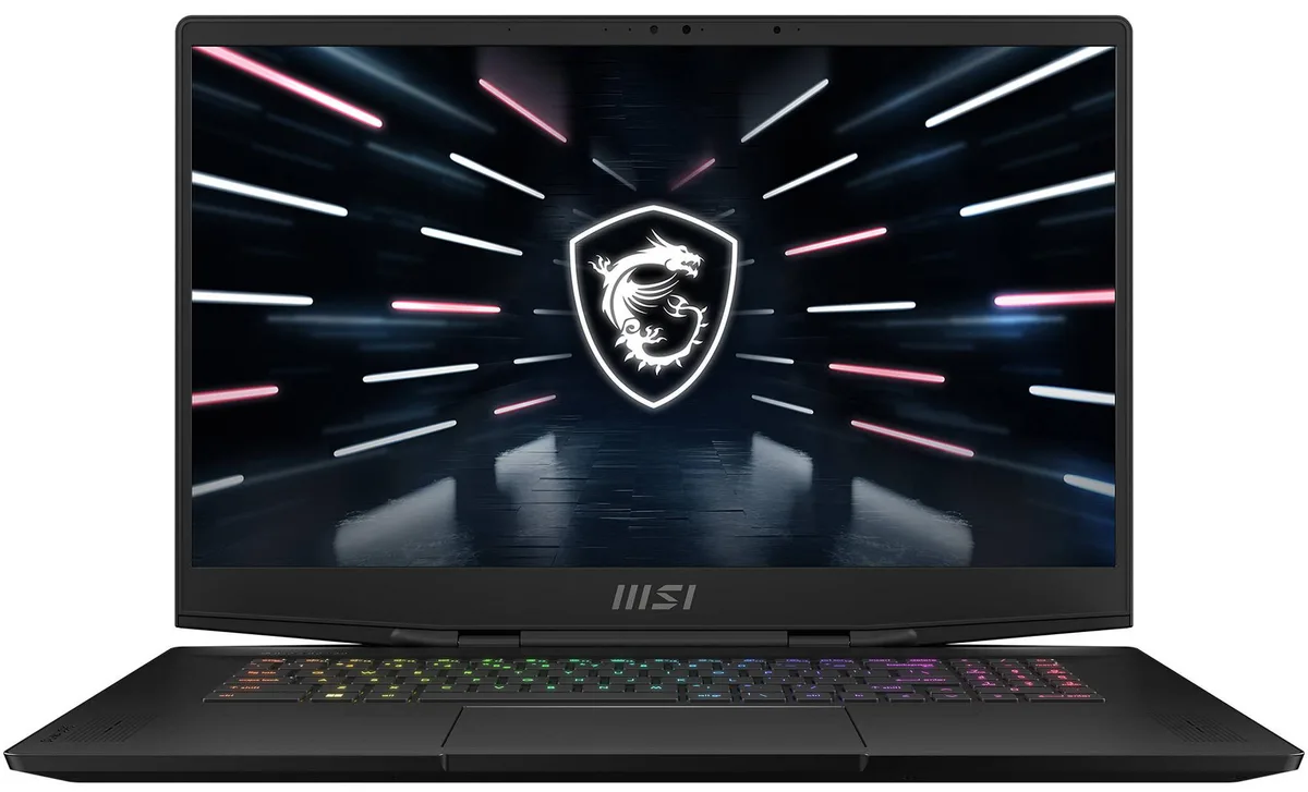Black 17.3-inch gaming laptop with per-key RGB keyboard and thin bezels