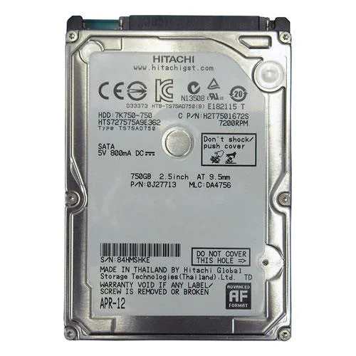 Silver 2.5 inch bare hard drive, 9.5mm thick, SATA connector visible