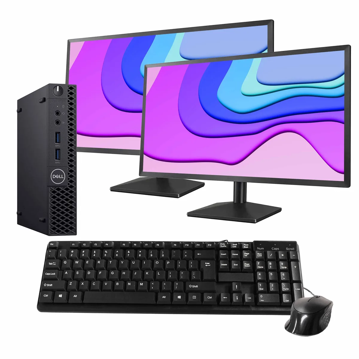 Black Dell OptiPlex 3070 Mini PC tower with dual 24 inch monitors wired keyboard and mouse
