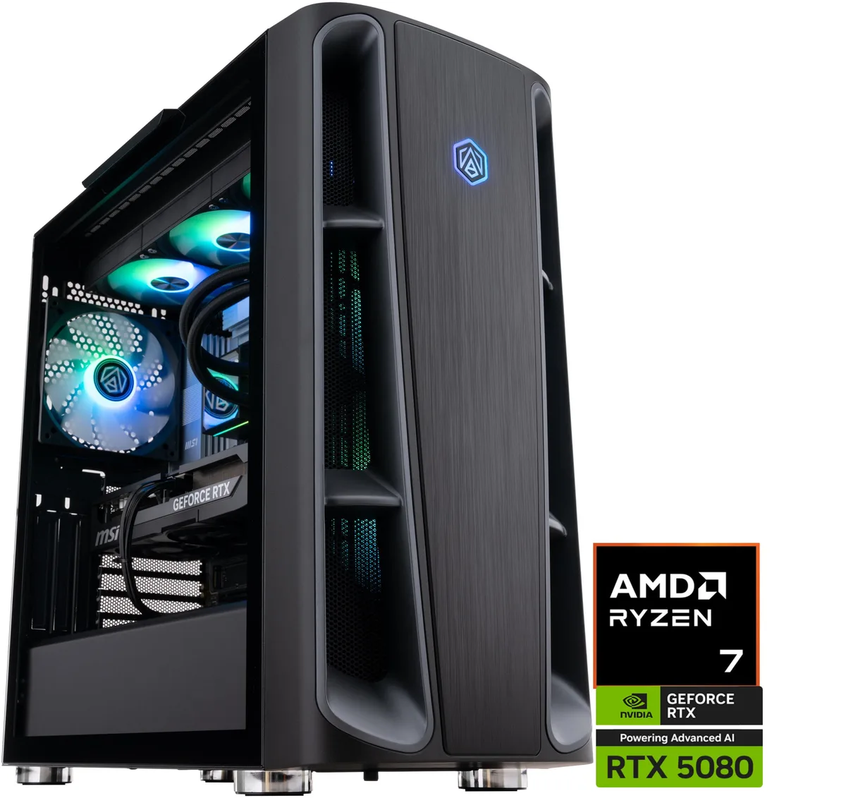 Black mid-tower gaming desktop with RGB liquid cooling visible through glass side panel