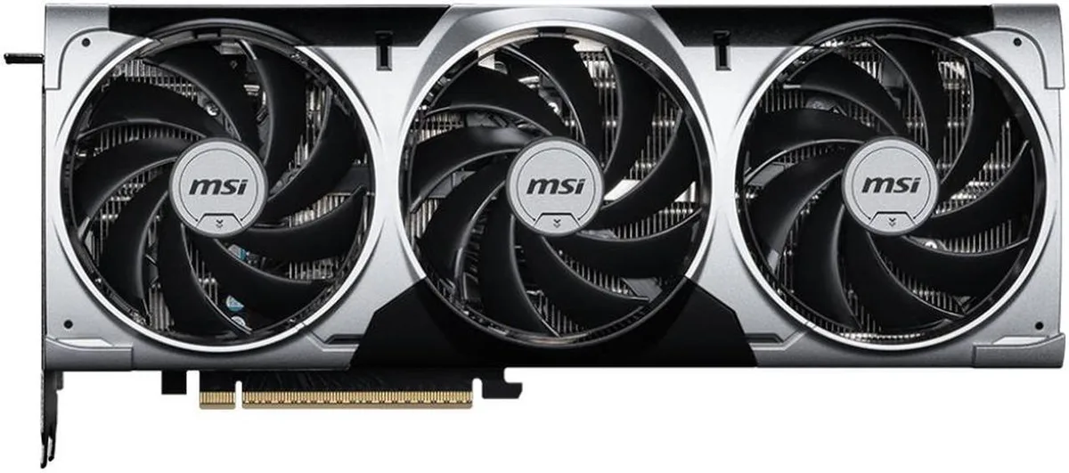Triple-fan graphics card in dark grey and black finish