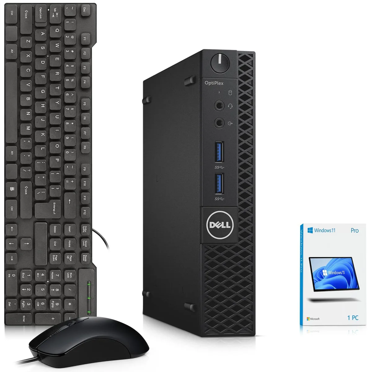 Small black Dell OptiPlex 3050 mini desktop with wireless keyboard and mouse