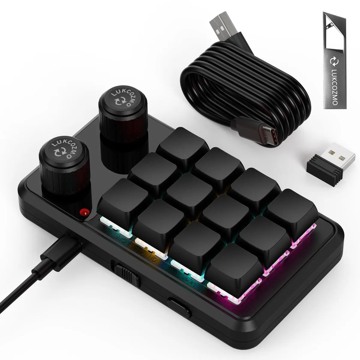 Compact black 12-key macro pad with RGB lighting and rotary knob