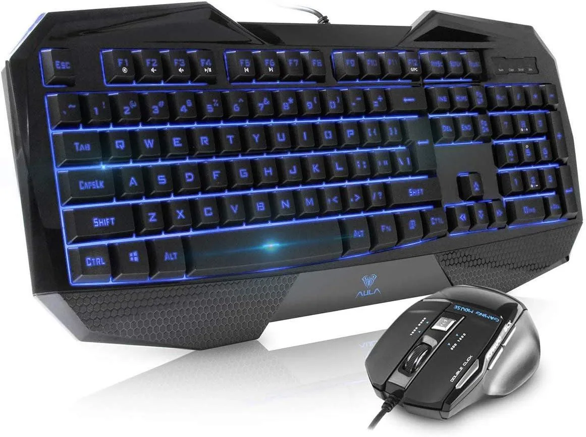 Black full-size keyboard with wrist rest and matching ergonomic mouse, LED backlighting visible on keys