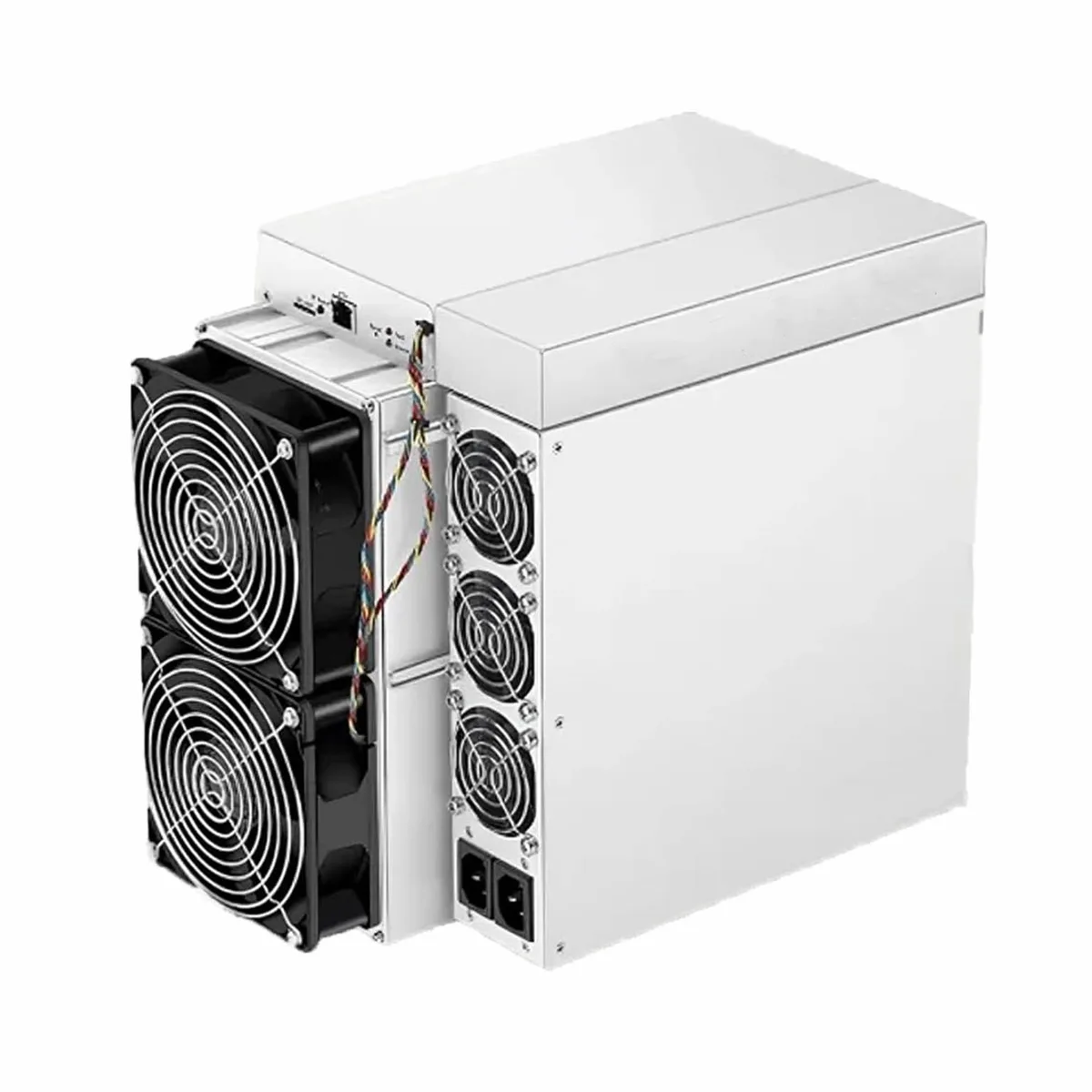 Rectangular metal mining unit, matte grey finish, four visible fans on one side, Ethernet port and power inlet on rear