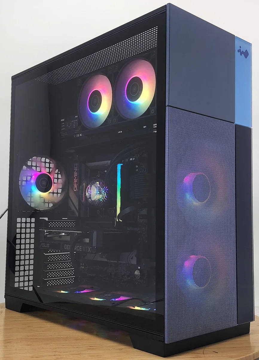 Mid-tower gaming desktop with RGB-lit 240mm AIO cooler and RTX 4060 Ti graphics card
