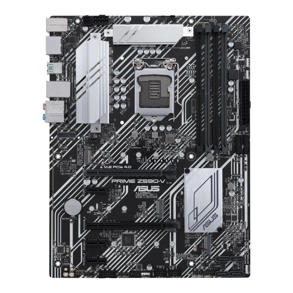 ATX motherboard with black PCB and silver heatsinks
