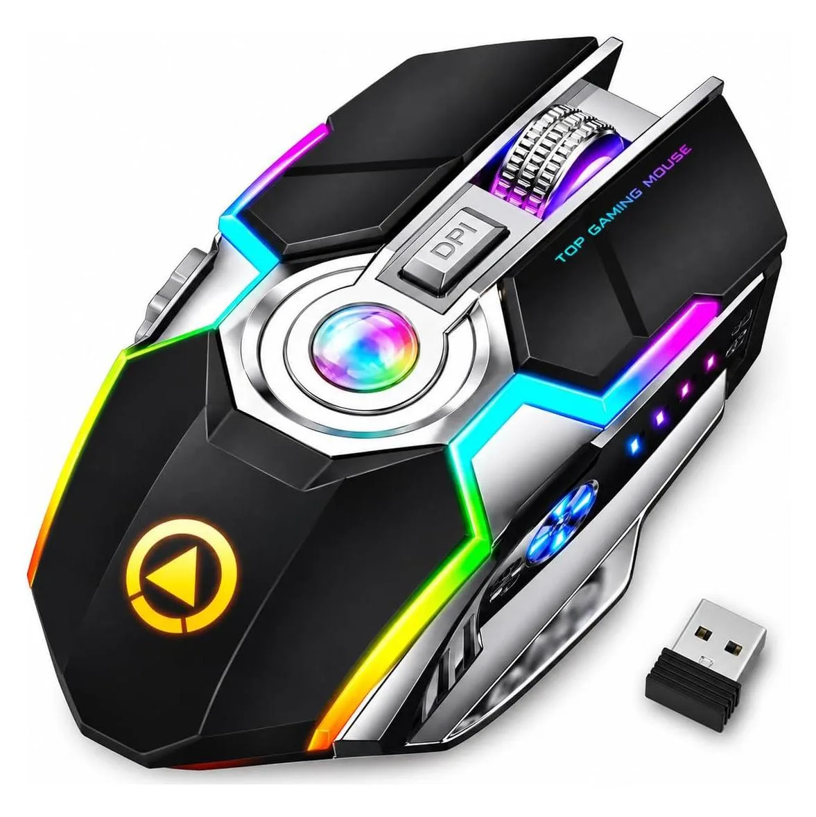 Black ergonomic wireless gaming mouse with RGB lighting and seven buttons