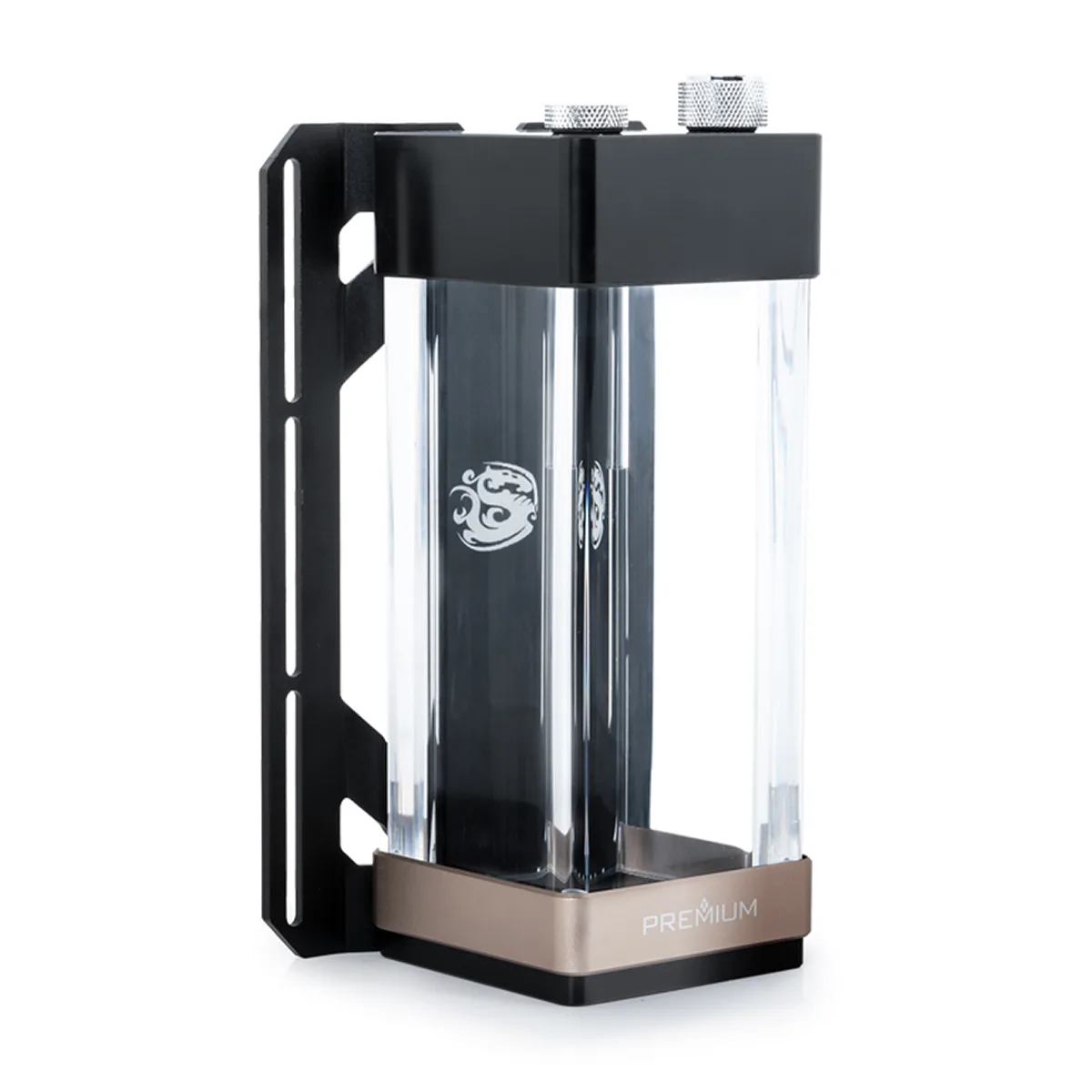 Clear acrylic cuboid reservoir with digital RGB lighting along top edges, 192x73x73 mm, includes mounting bracket and fittings