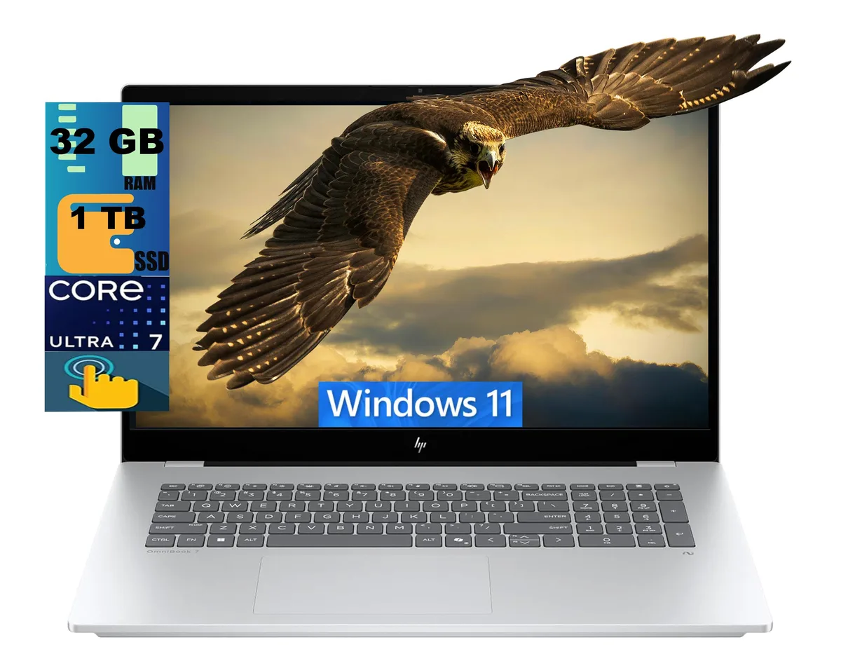 Silver-grey 17.3 inch touchscreen laptop, slim profile, backlit keyboard visible