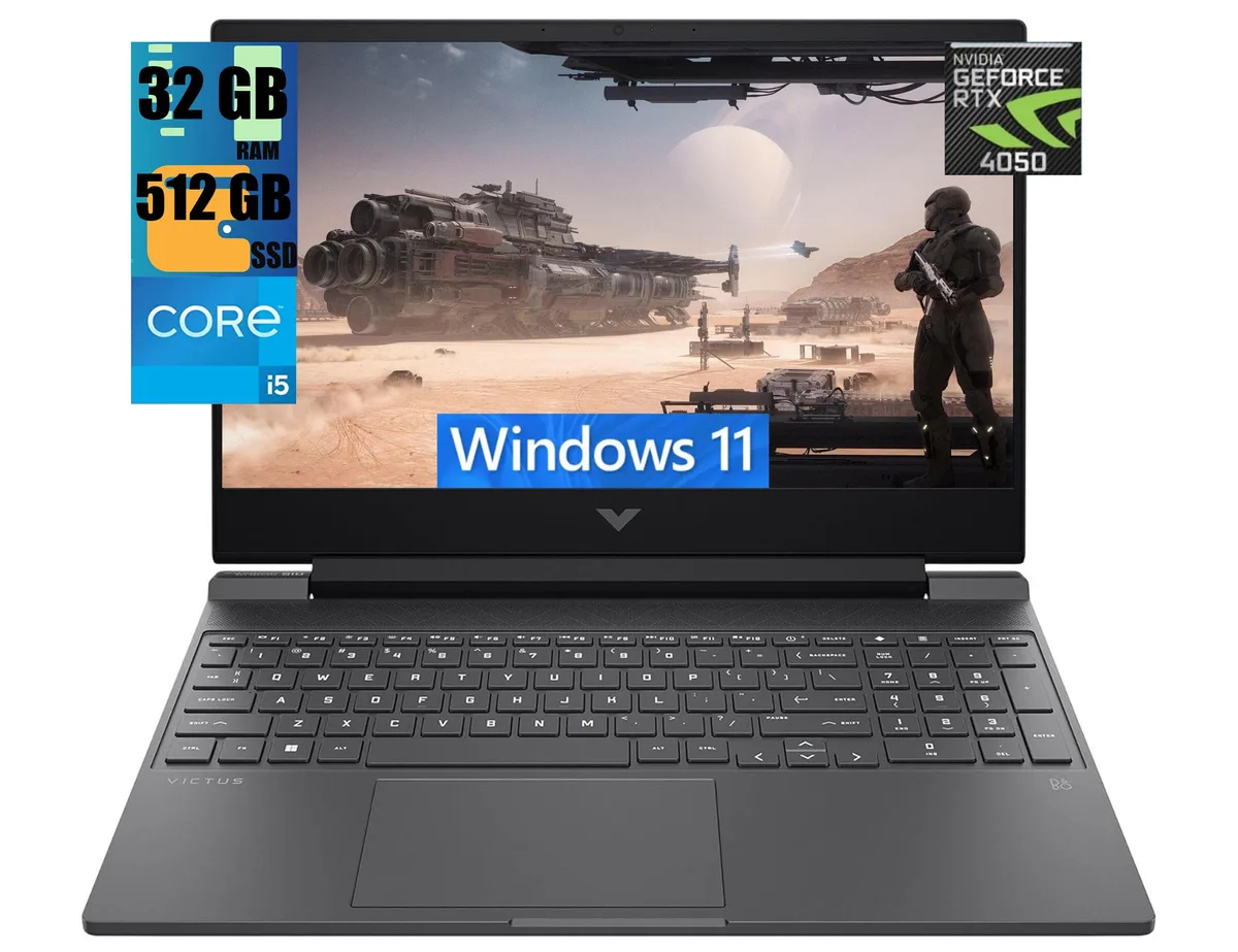 Black 15.6 inch gaming laptop with thin bezel display and backlit keyboard