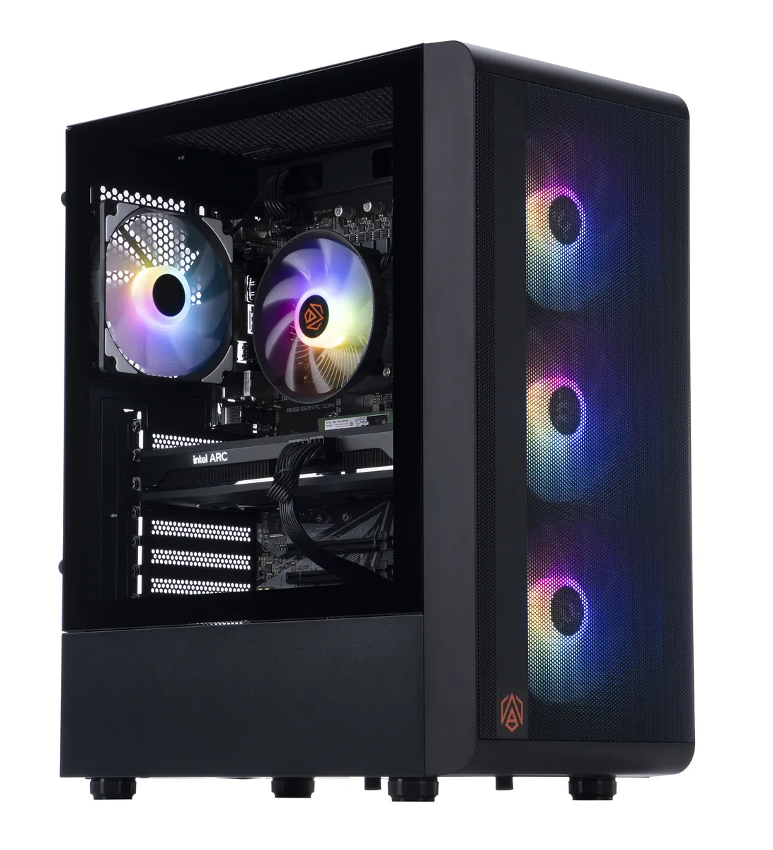 Black mid-tower gaming desktop with RGB CPU cooler visible through side panel