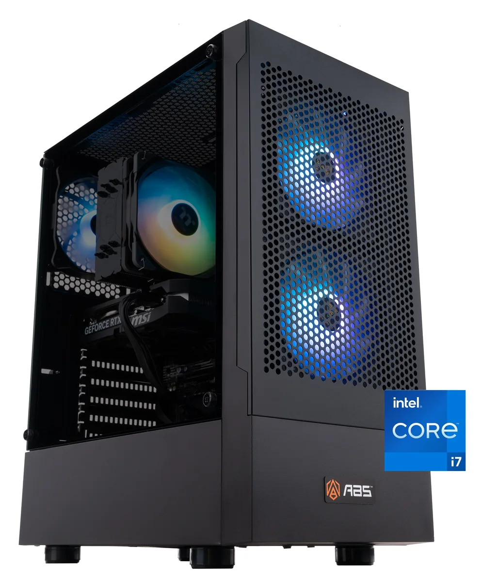 Black mid-tower case with mesh front and tempered glass side panel