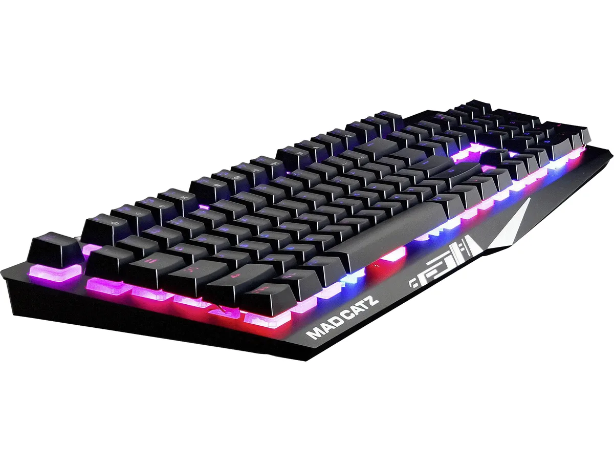 Black gaming keyboard with aluminum faceplate and RGB lighting