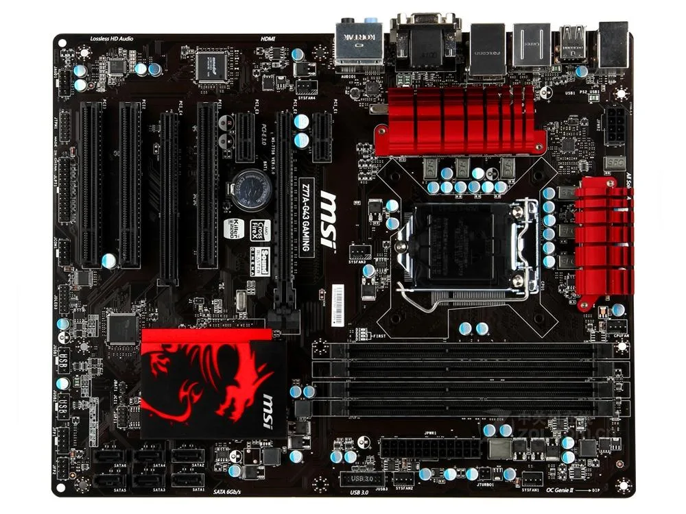 ATX motherboard with black PCB, red heatsinks and silver I/O shield