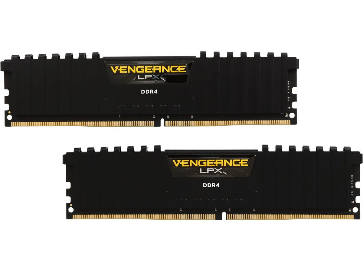 Two black low-profile DDR4 modules with anodized aluminium heatspreaders