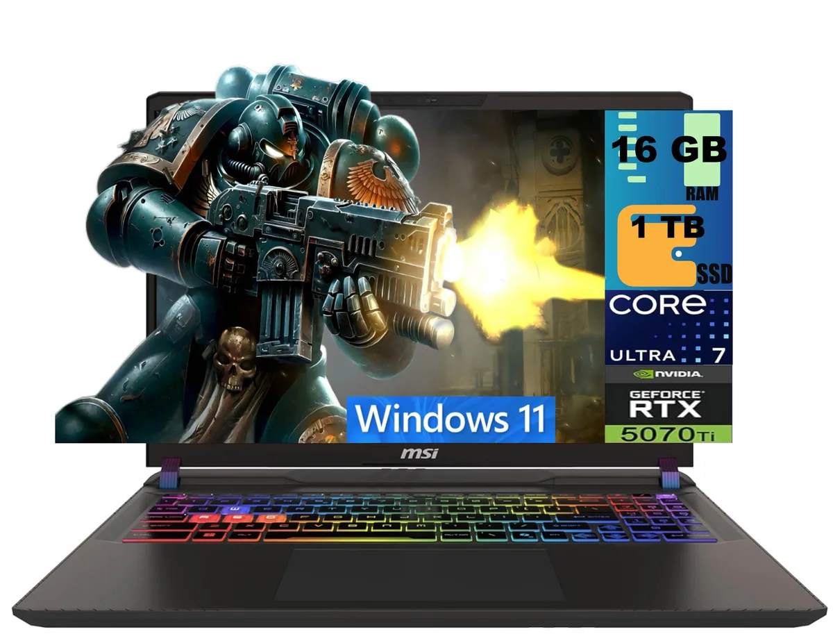 Black 16-inch gaming laptop with matte finish and RGB keyboard