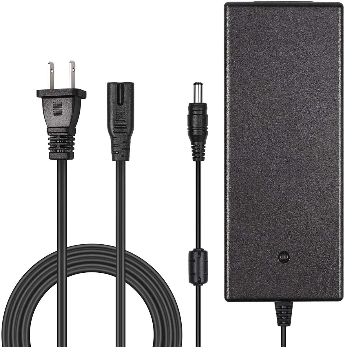 Black rectangular wall-plug power adapter with attached DC output cable and barrel connector