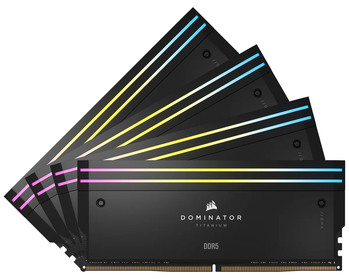 Four black DDR5 memory modules with forged aluminium heat spreaders and RGB lighting