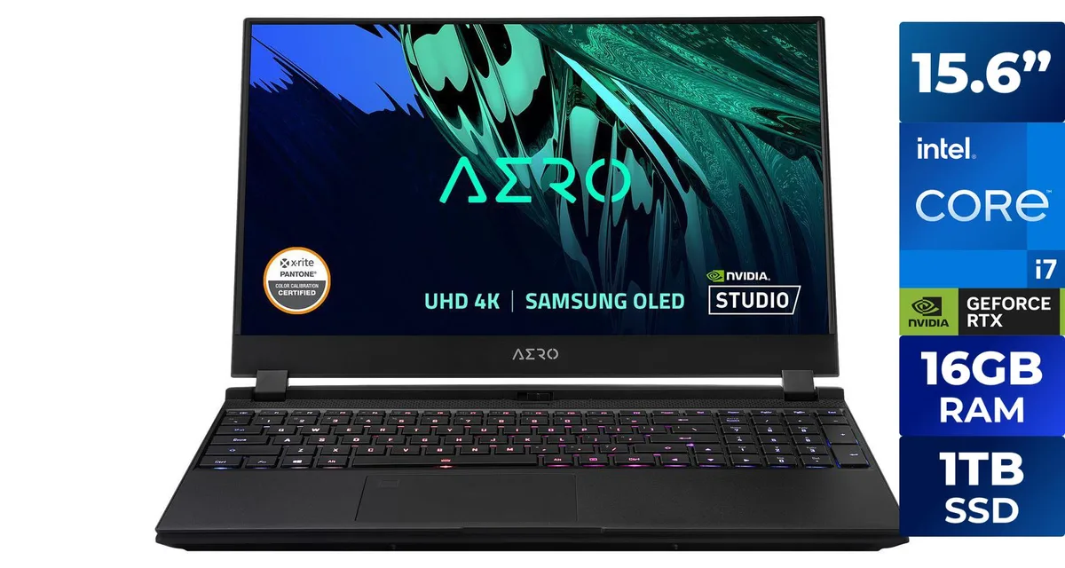 Thin black laptop with 15.6 inch AMOLED screen