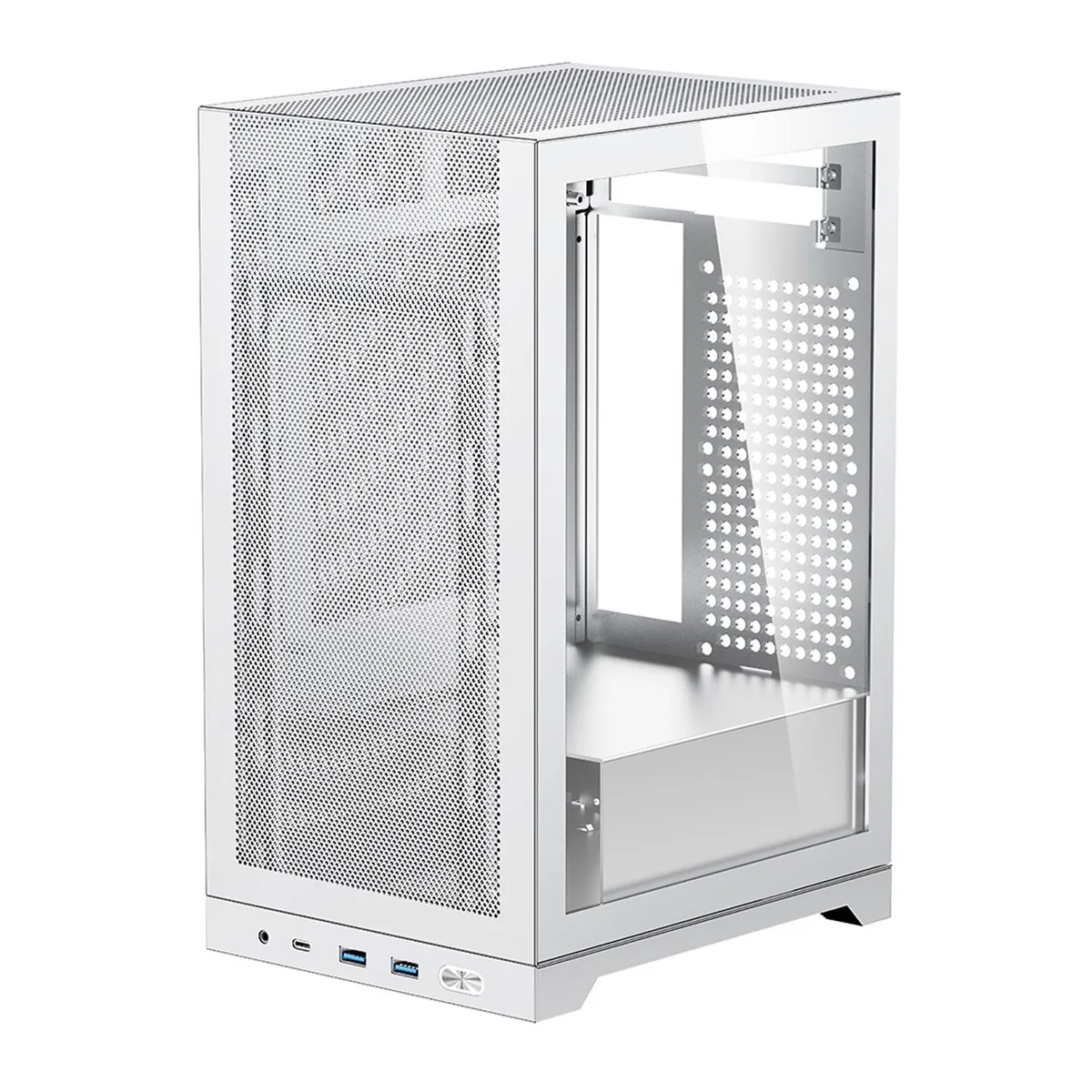 Compact white Mini-ITX case with tempered glass side panel and integrated carry handle, 210 by 166 by 300 mm