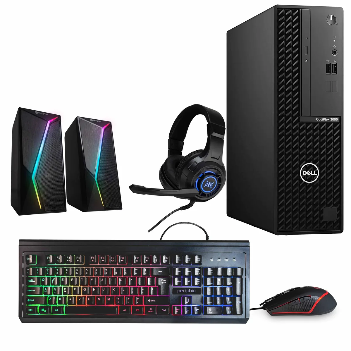 Black Dell OptiPlex 3090 desktop tower with RGB peripherals