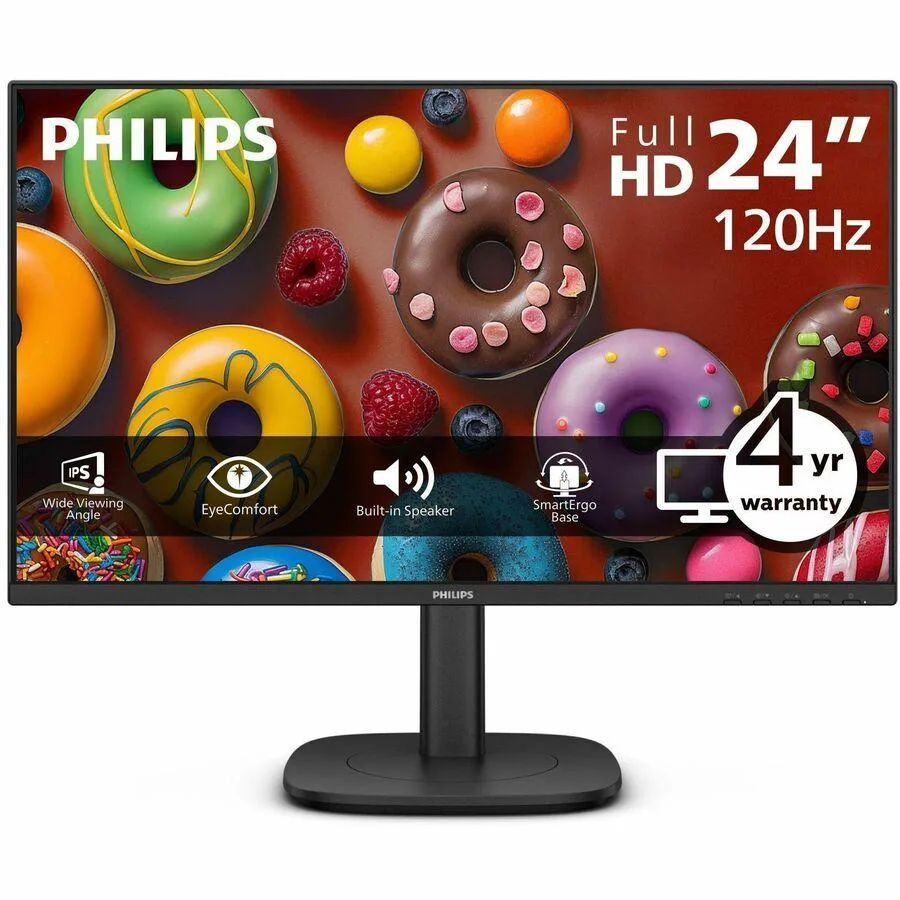 24 inch black IPS monitor on ergonomic stand with anti-glare screen