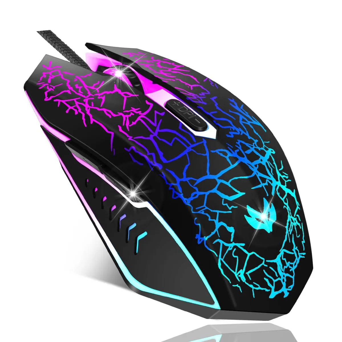 Black right-hand gaming mouse with 16 buttons, claw-grip shape, fabric-wrapped cable