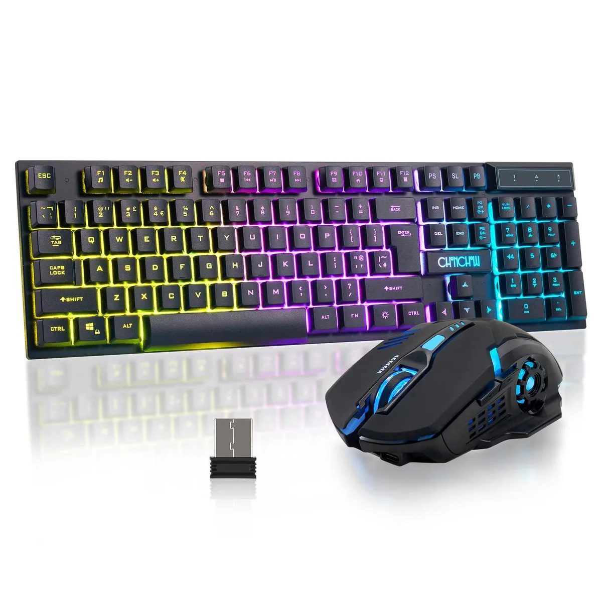 Black wireless keyboard and mouse set with RGB lighting