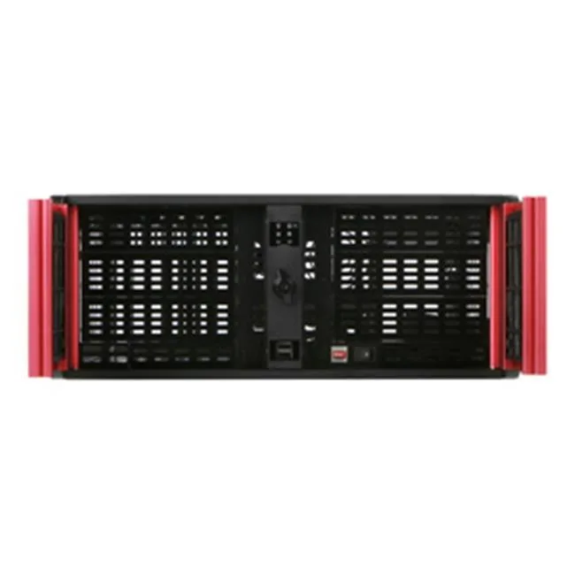 Red aluminium front bezel on 4U rackmount steel chassis with six 5.25 inch bays and two USB ports