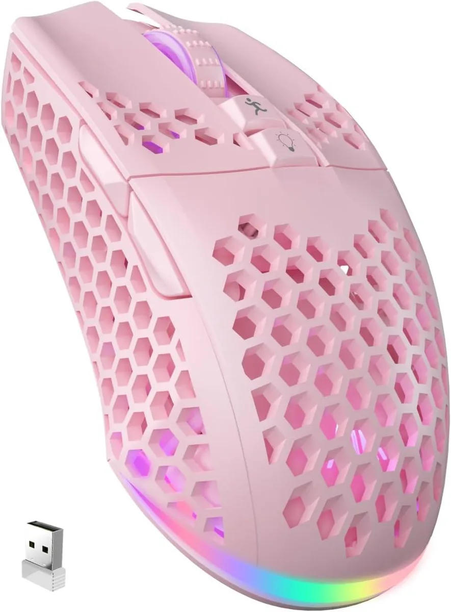 Pink lightweight gaming mouse with honeycomb shell and side buttons