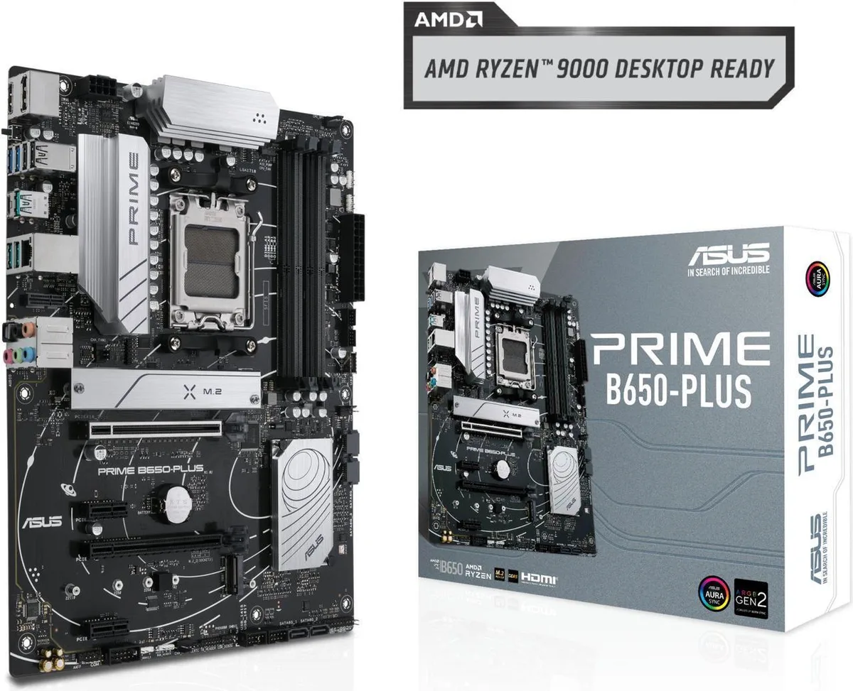 ATX motherboard with silver heatsinks and black PCB