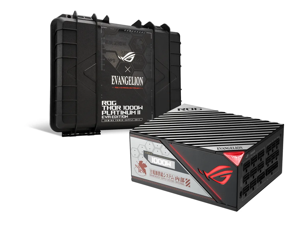 Rectangular ATX power supply with dark metal casing, visible OLED display, and sleeved modular cables emerging from one side