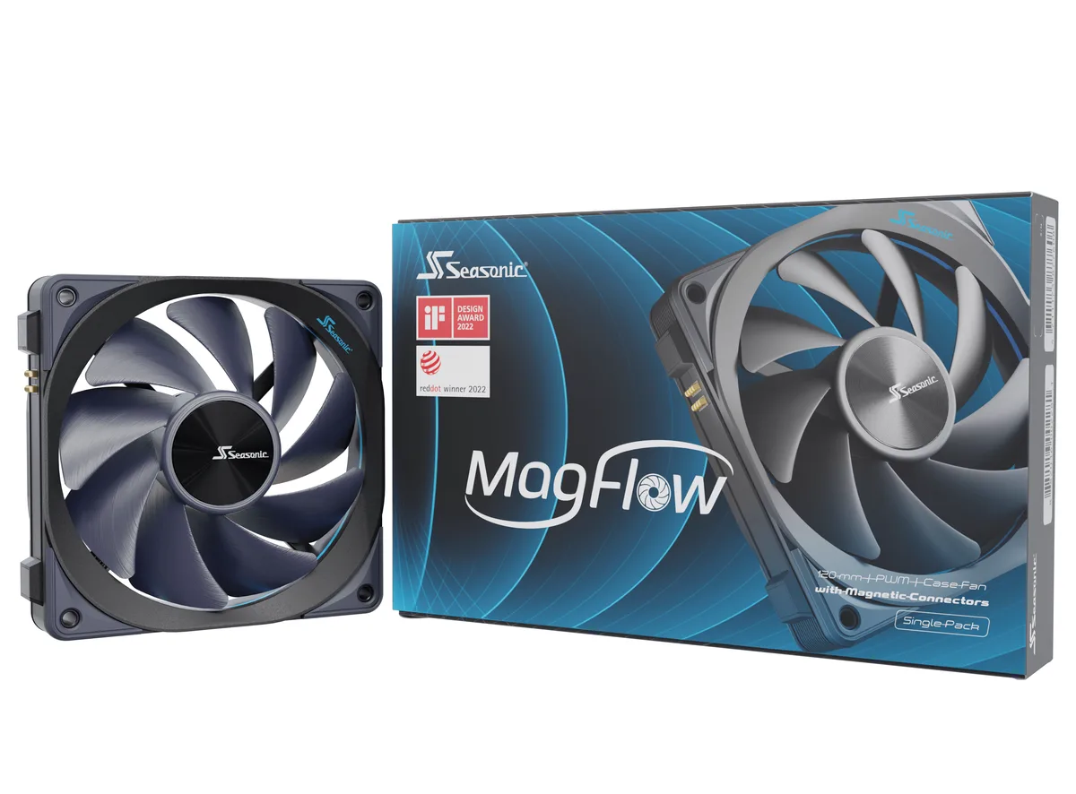 Black 120mm case fan 27mm thick with magnetic interlocking edges and no LED