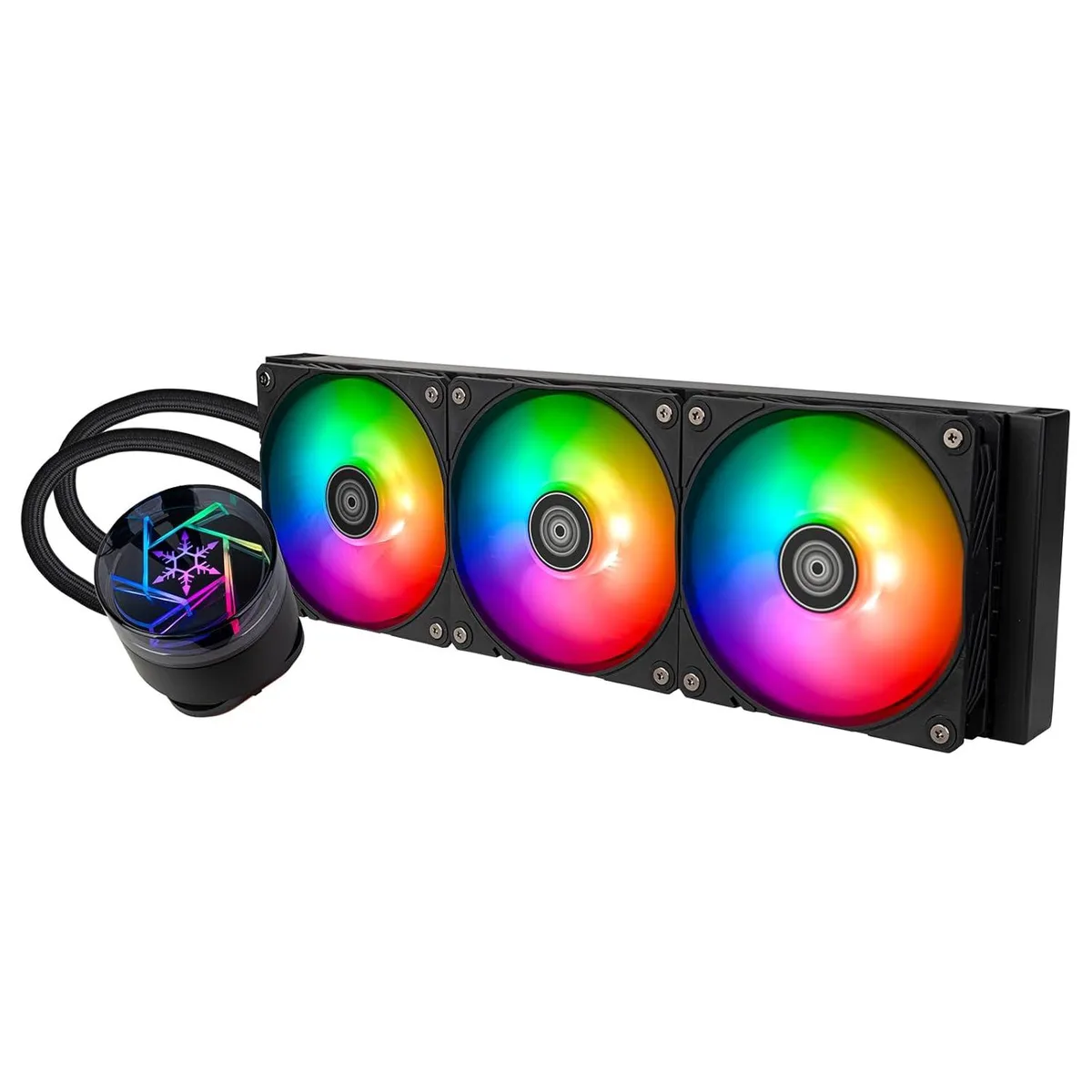 SilverStone NovaPeak 360 ARGB all-in-one liquid cooler with illuminated pump head, three radiator fans and black tubing