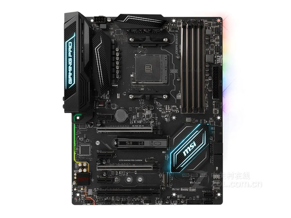 Black ATX motherboard with carbon-fiber pattern, red accents, AM4 socket, four DDR4 slots, three PCIe x16 slots, M.2 heatshields