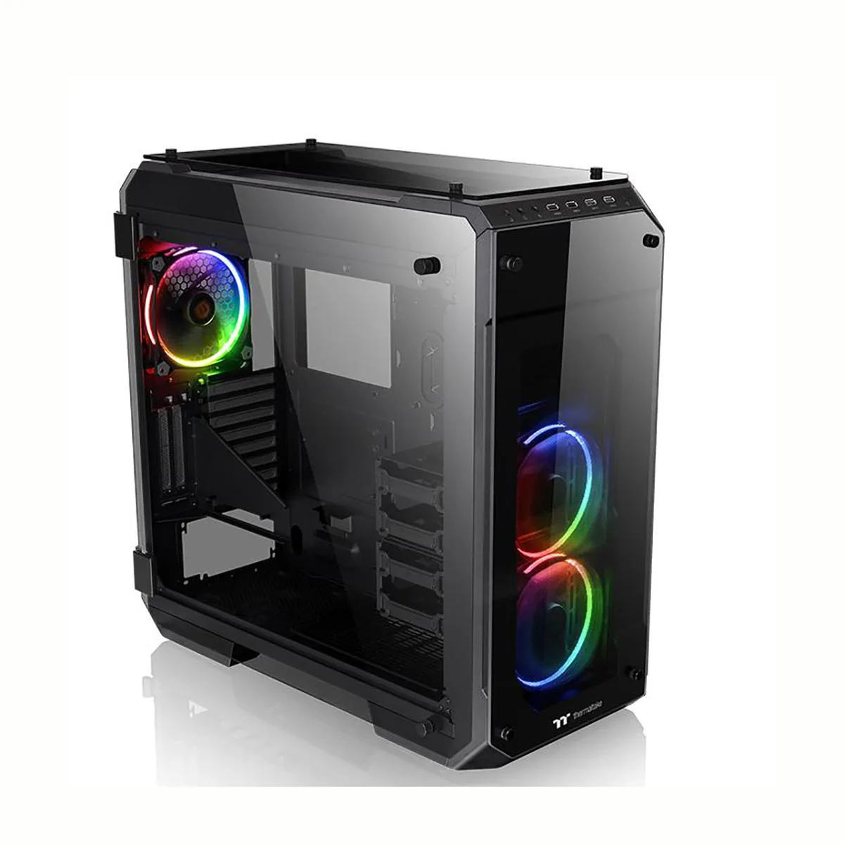 Black mid tower gaming desktop with RGB liquid cooling visible through glass side panel