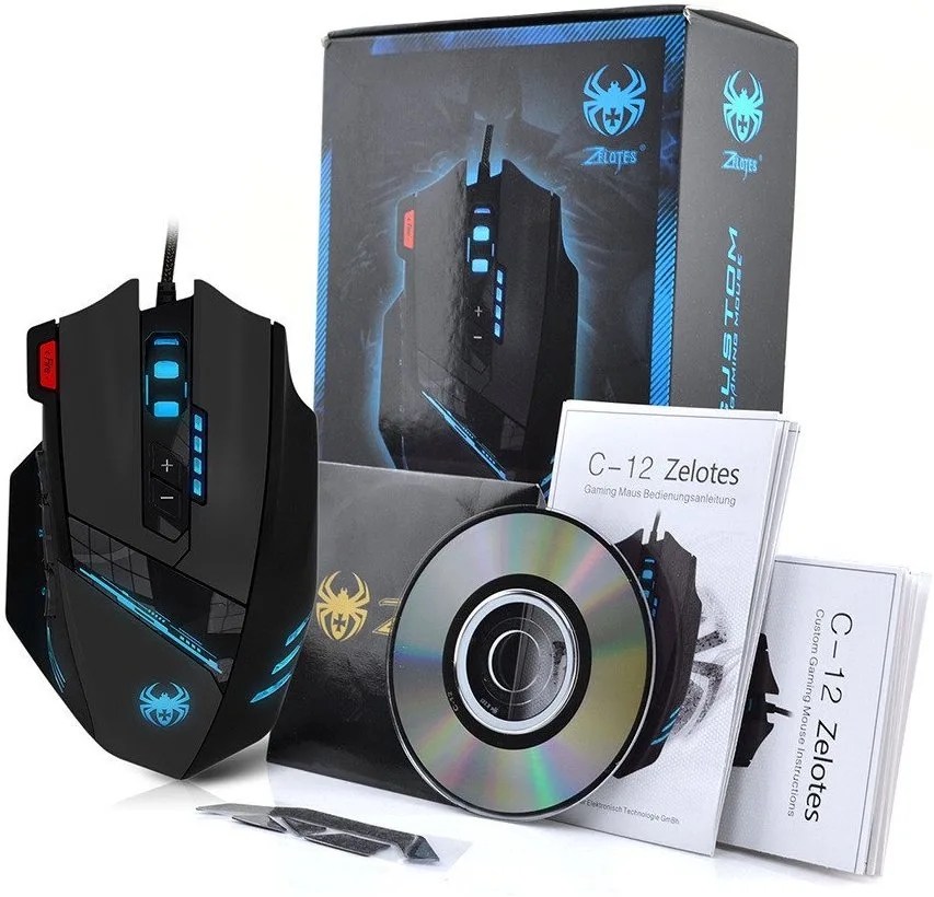 Right-handed black wired gaming mouse with 12 programmable buttons, LED lighting, and adjustable weights