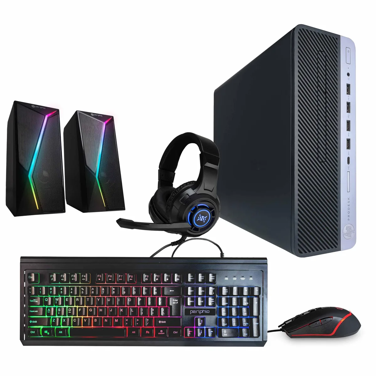 Black and silver HP ProDesk 600G5 desktop tower with RGB speaker