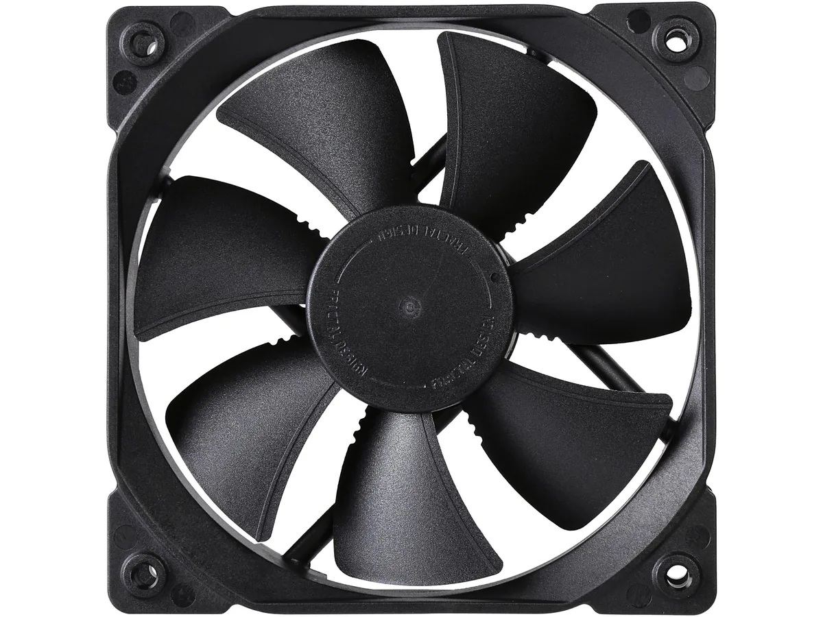 Black 120mm case fan with 25mm frame and nine blades