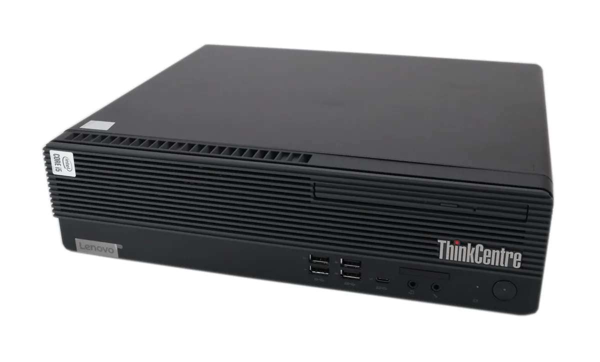 Compact black small-form-factor desktop tower, front USB-C and optical drive slot visible