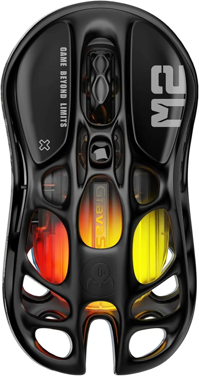 Black lightweight gaming mouse with hollowed-out shell and RGB lighting