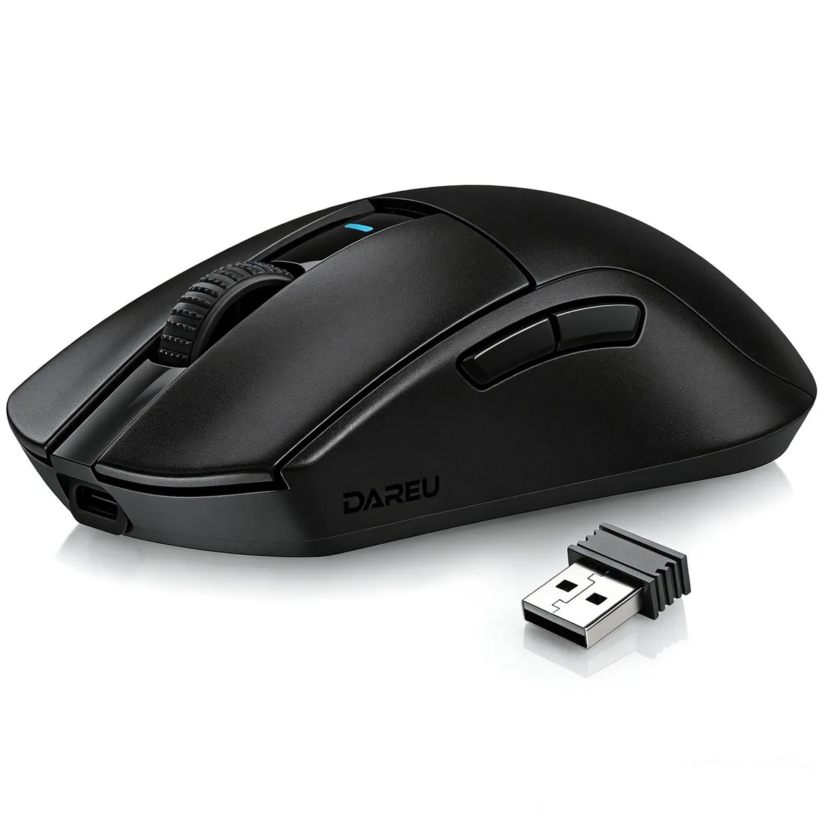 Black lightweight wireless gaming mouse with right-hand shape and multiple buttons