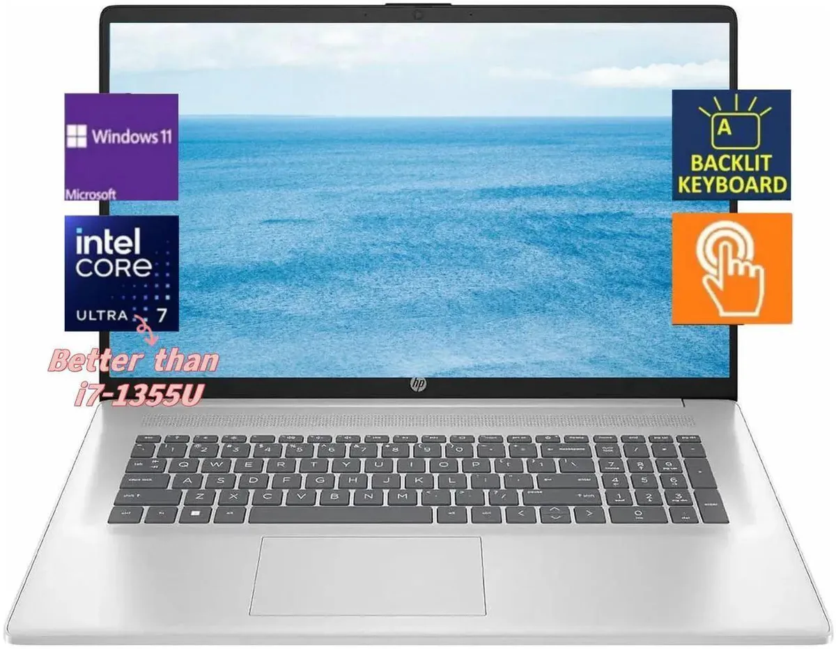 Silver 17.3-inch touchscreen laptop with backlit keyboard and slim profile