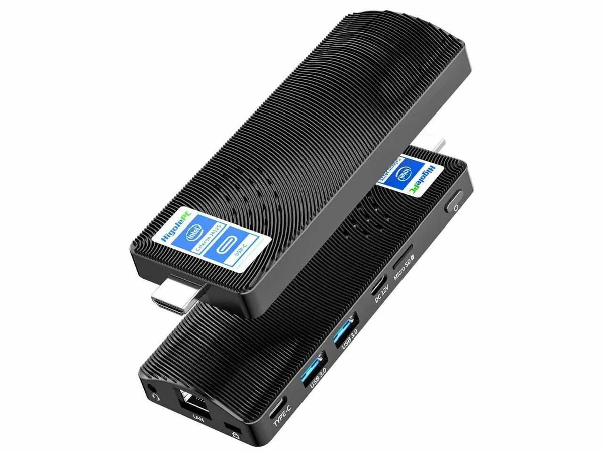 Compact rectangular stick PC, matte black finish, HDMI and USB-C ports visible