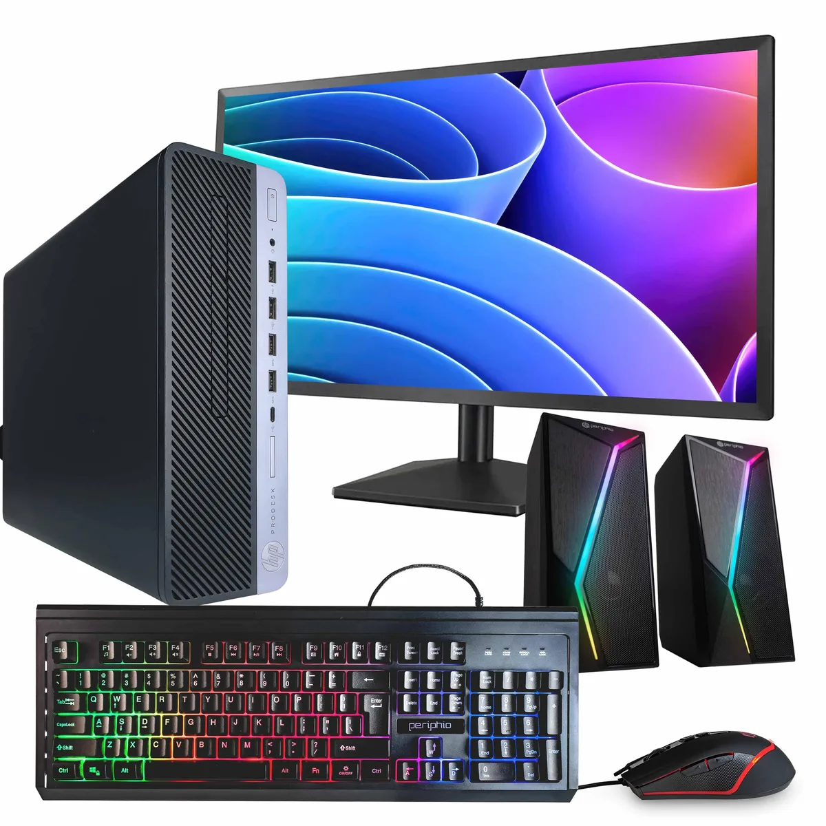 Black and silver tower desktop with 24 inch monitor, RGB speakers, keyboard and mouse