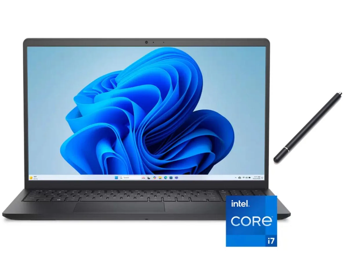 Black Dell 15.6 inch touchscreen laptop with stylus pen