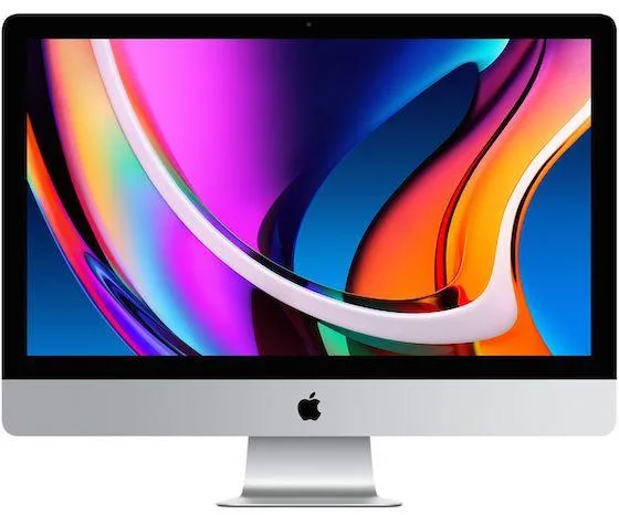 Silver 27-inch all-in-one desktop on a matching stand, ultra-thin profile with a matte display bezel